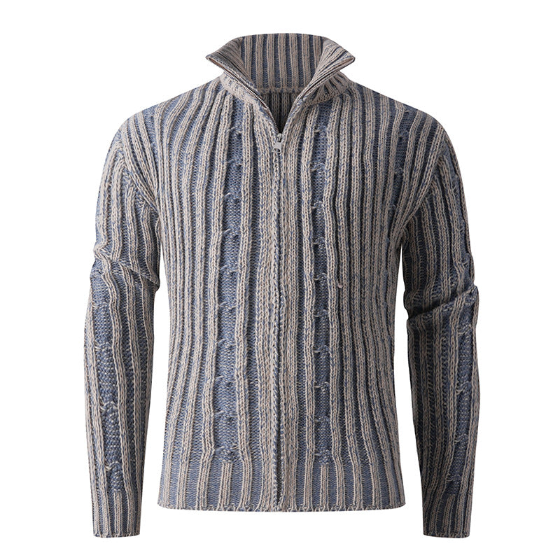 Men's knit cardigan with cable pattern, stand-up collar and full-length zipper Chichicherry