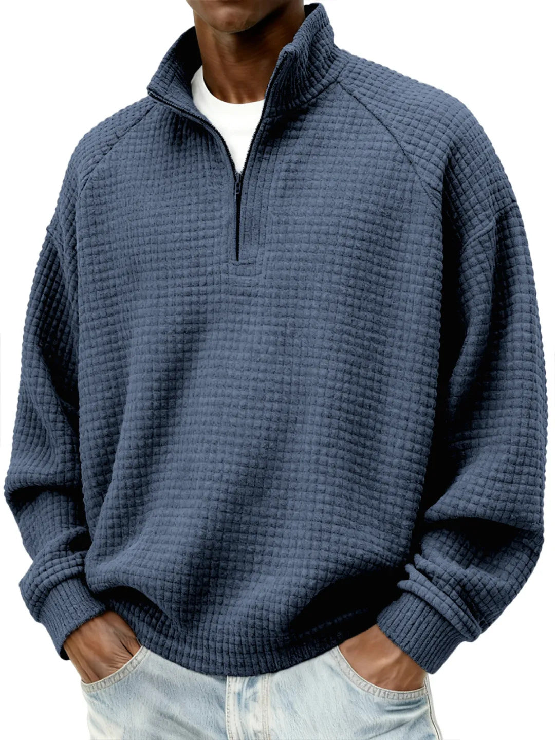 Men's Waffle Knit Oversized Sweater with Half-Zip and Stand-Up Collar Chichicherry