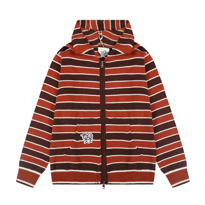 Women's hooded cardigan with full zip, striped texture, and Chichicherry embroidery detail