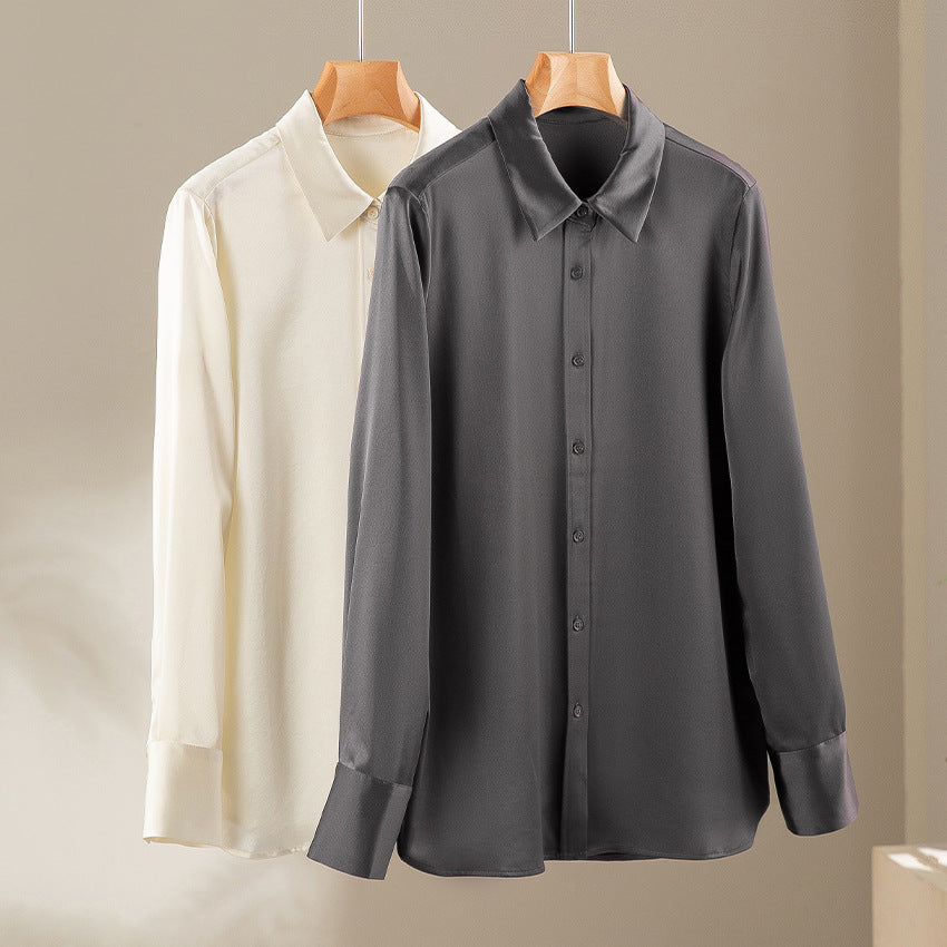 Women's Silk Look Blouse with Shirt Collar, Concealed Button Placket and Extended Cuff Detail Chichicherry