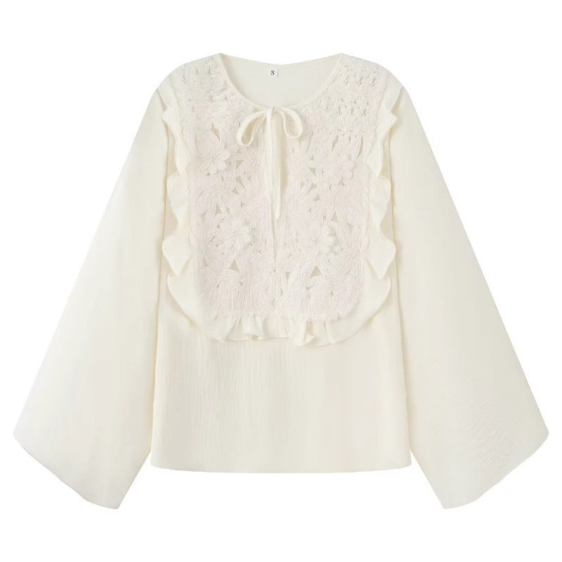 Ladies Embroidered Ruffle Blouse with Wide Trumpet Sleeves and Ties Collar Chichicherry