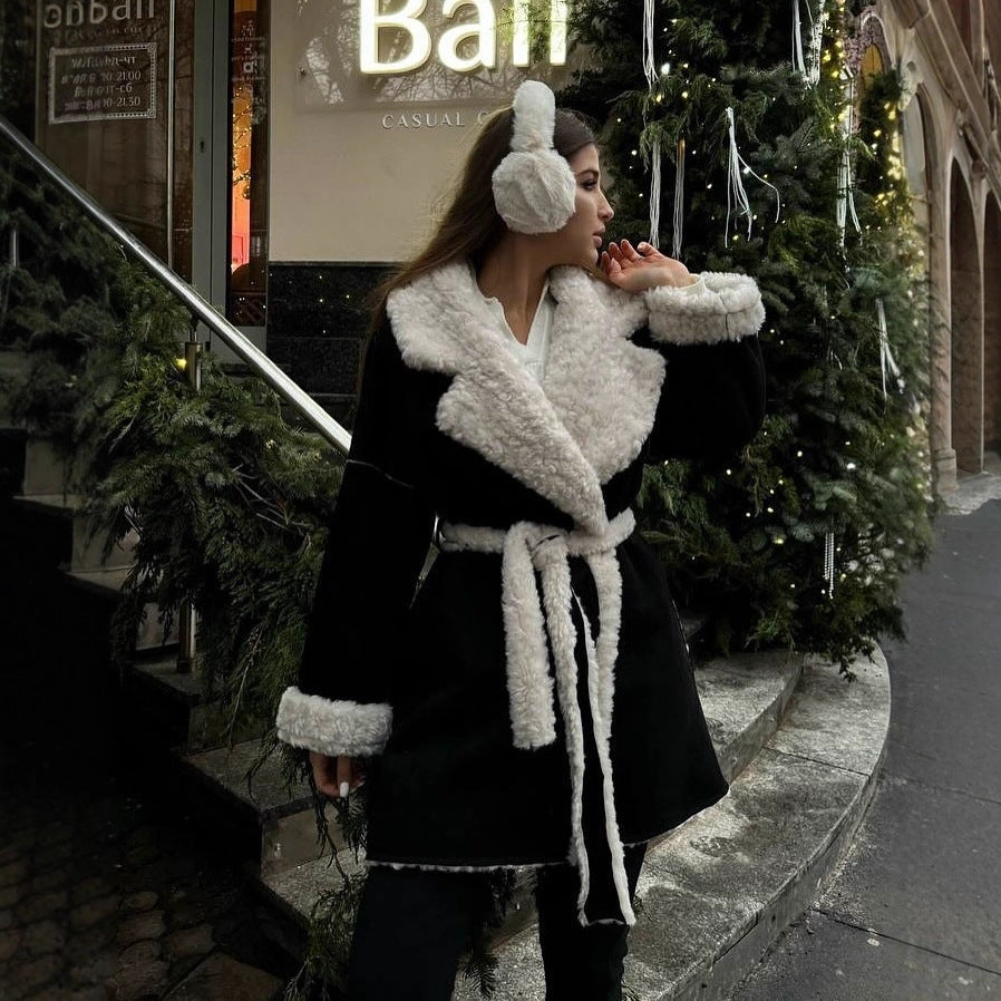 Damen Kurzer Oversized Wintermantel mit Teddy-Futter und Taillengürtel Chichicherry