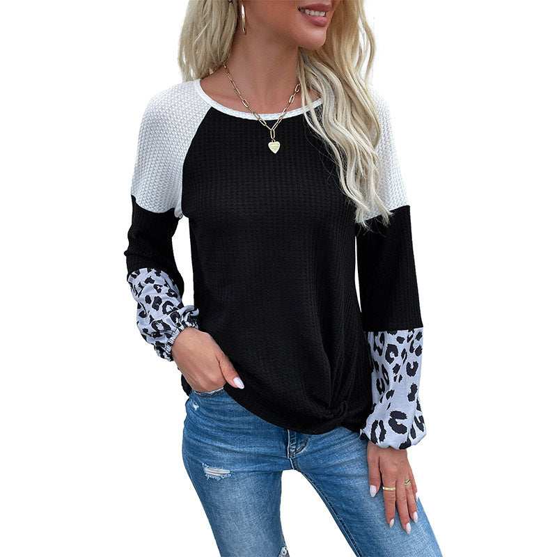 Women’s Asymmetrical Waffle Knit Shirt with Knot Hem and Leopard Cuffs Chichicherry