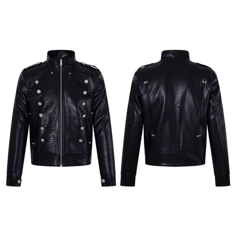Men's military-inspired faux leather jacket with stand-up collar, decorative button row and shoulder pads Chichicherry