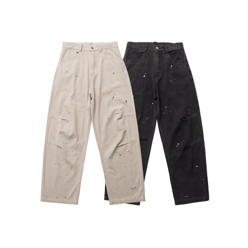 Men's Wide Relaxed-Fit Denim Pants with Paint Splatter, Knee Patches, and High Waist Chichicherry