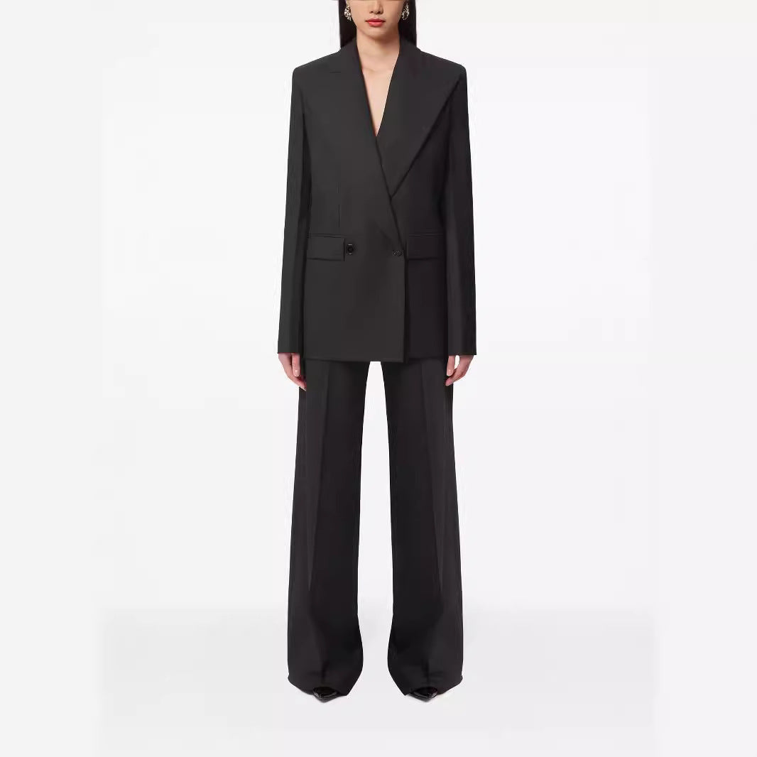 Women Oversize Pinstripe Two-Piece Tailoring Suit with Wide High-Waist Trouser Leg Chichicherry