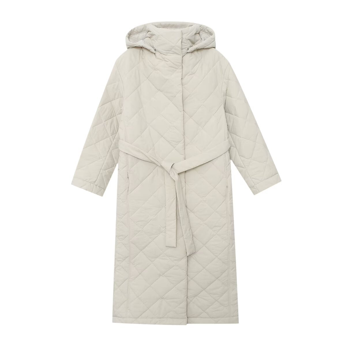 Ladies quilted coat with hood, belt and diamond quilting Chichicherry