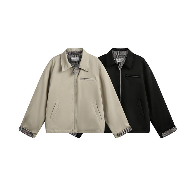 Unisex Short Cut Boxy Blouson Jacket with Checked Lining and Chest Zip Pocket Chichicherry