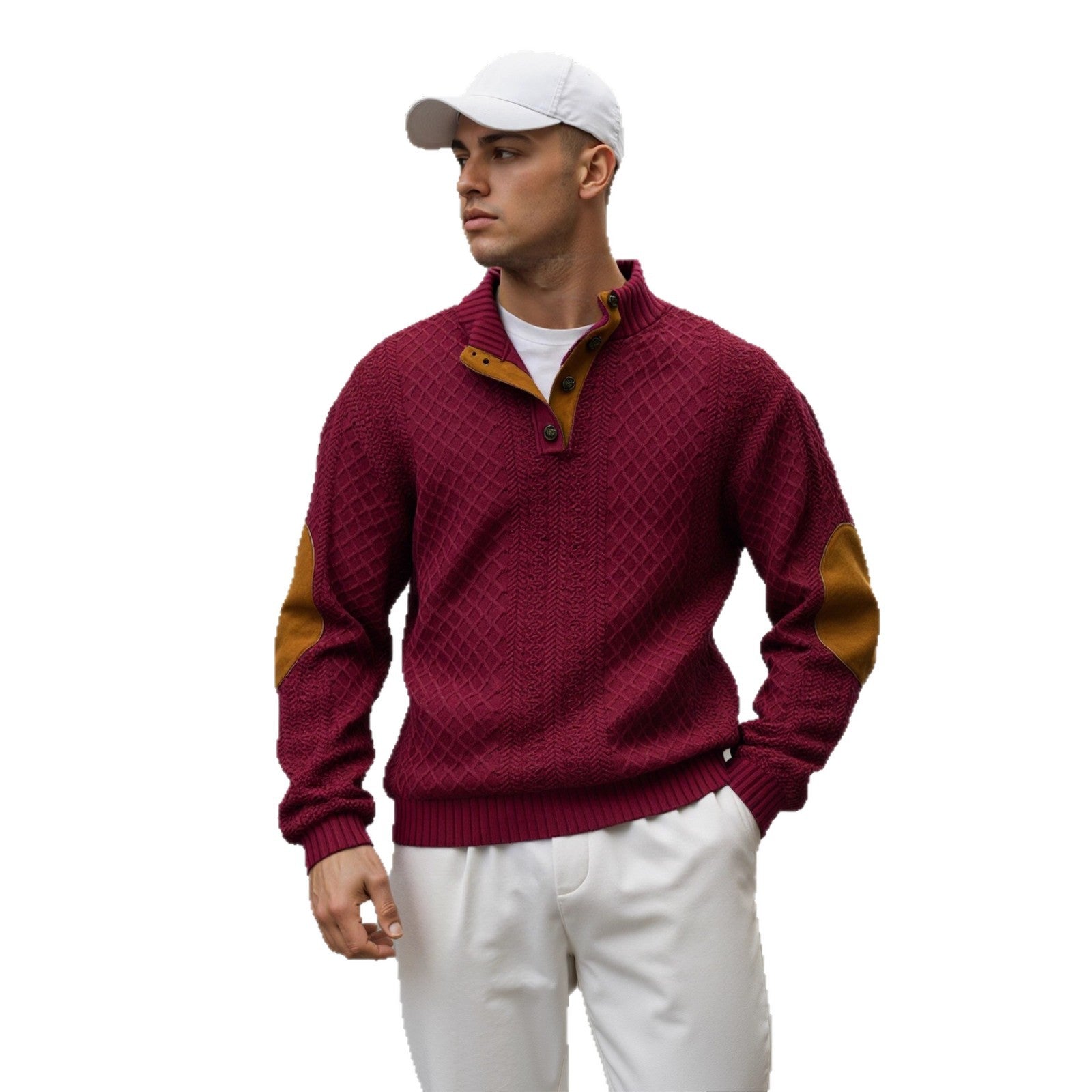 Men's troyer sweater with stand-up collar, structured knit look and contrast elbow patches Chichicherry