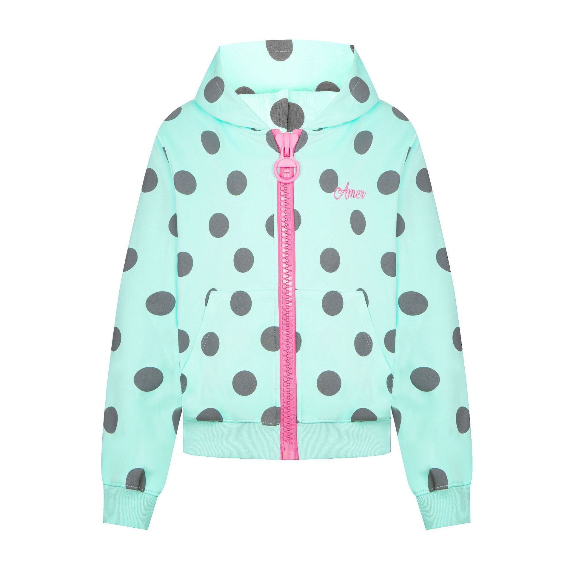 Women's cropped hooded zip jacket with large polka dot pattern and decorative zipper Chichicherry