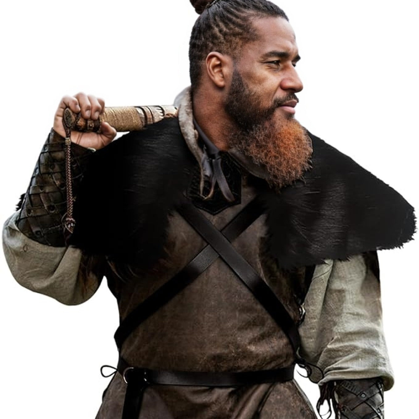Men's Medieval Leather Jerkin with Faux Fur Shoulder Cape and Braided Arm Guards Chichicherry