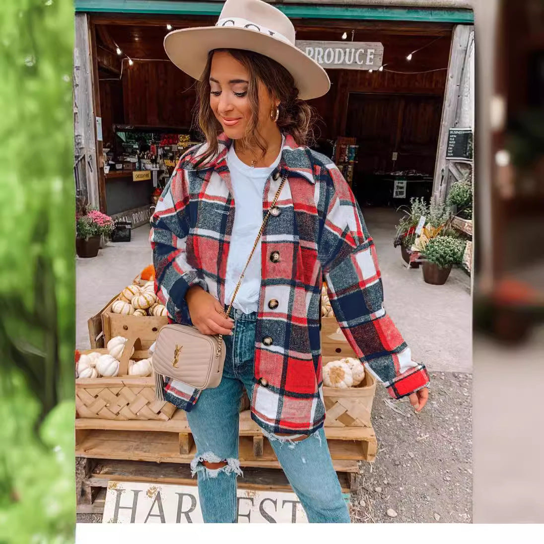 Damen Oversized Kariertes Flanell‑Shacket mit Brusttaschen und Holzknöpfen Chichicherry