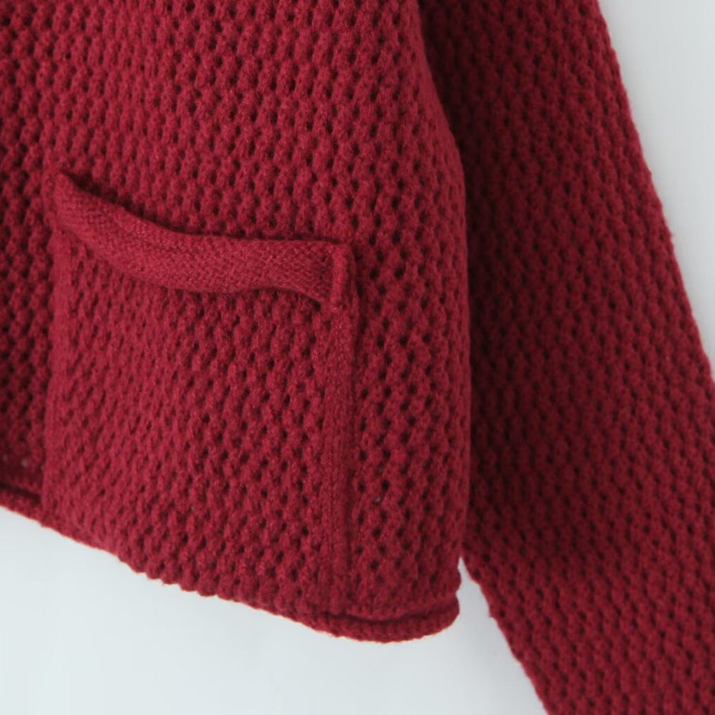Ladies Light Open Hole Knit Cardigan with Decorative Buttons and Patch Pockets Chichicherry