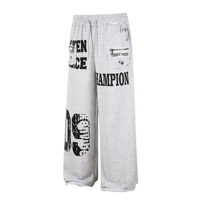 Women's Wide Palazzo Sweatpants with Comfort Waistband, Application Pockets and Typo Print Chichicherry