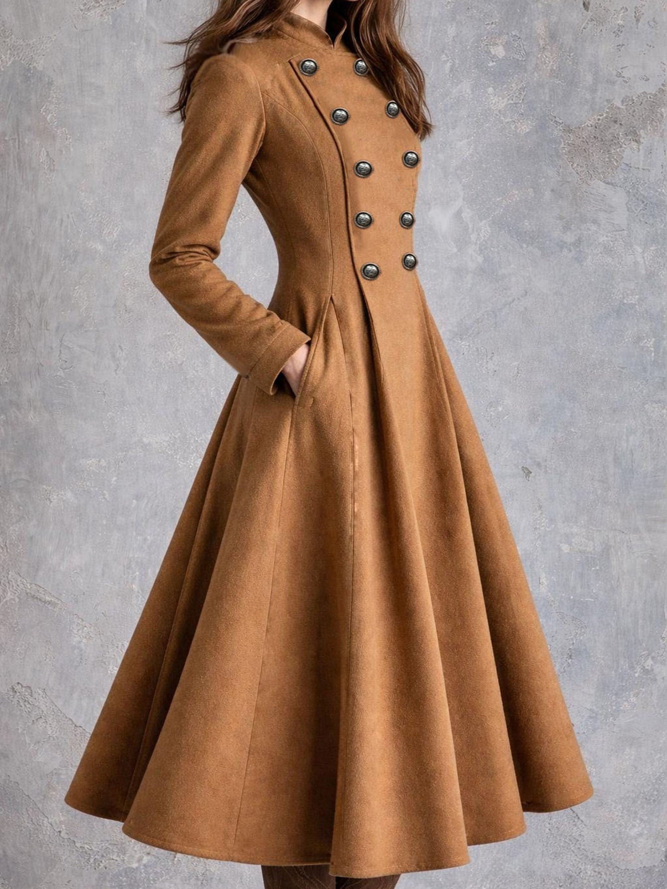 Damen tailliertes Mantelkleid mit doppelreihiger Knopfleiste und ausgestelltem Rock Chichicherry