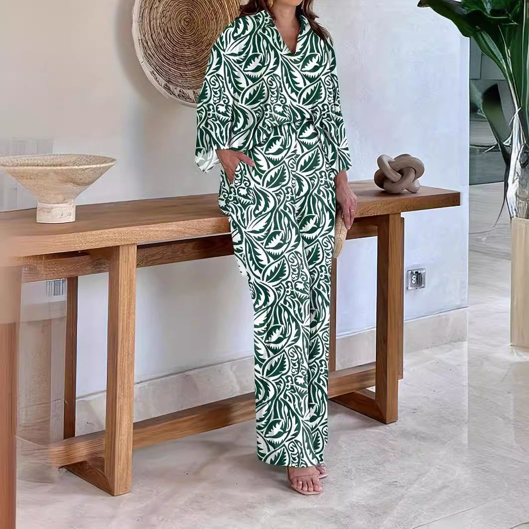Women's Patterned Kimono Lounge Set with Wide Palazzo Pants made of Lightweight Viscose Mix Chichicherry