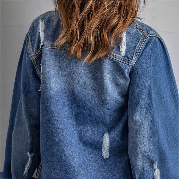 Women Casual Oversized Denim Jacket with Destroyed Details, Shirt Collar and Fringed Hem Chichicherry