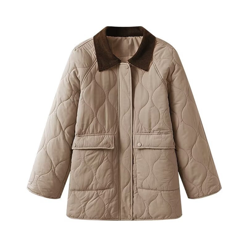 Ladies quilted jacket with cord collar, oversized boxy cut and snap front Chichicherry