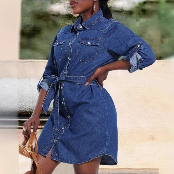 Women's denim shirt dress with waist belt and patch breast pockets Chichicherry