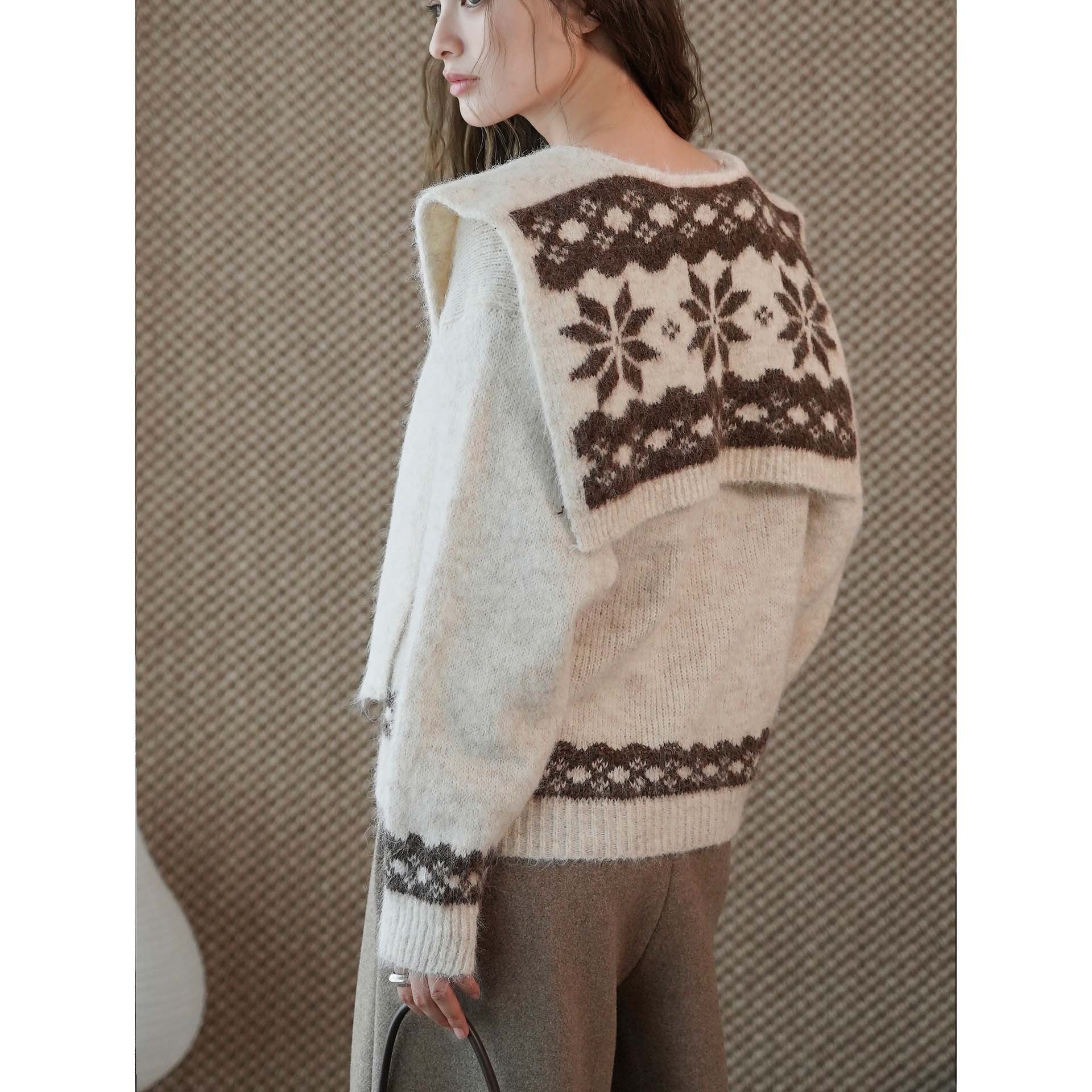 Women's Cozy Fine Knit Pullover with Integrated Shoulder Scarf and Jacquard Hem Chichicherry