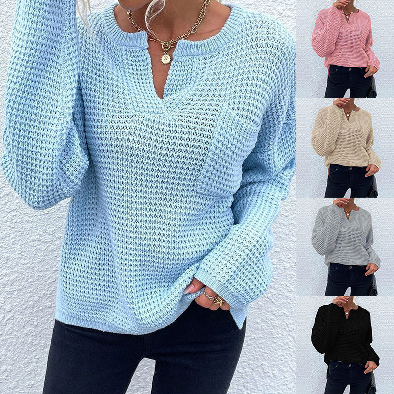 Women's Waffle Knit Sweater with V-Slit, Oversized Cut and Balloon Sleeves Chichicherry