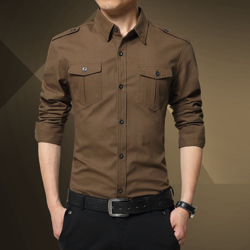 Men's Slim-Fit Cotton-Blend Utility Shirt with Shoulder Flaps and Chest Patch Pockets Chichicherry