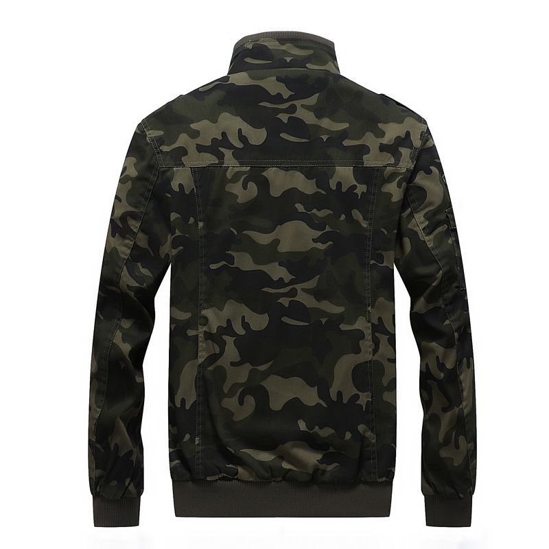 Men's Camo Utility Bomber Jacket with Stand-Up Collar, Multiple Pockets and Ribbed Cuffs Chichicherry