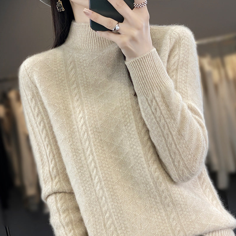 Women's Soft Cable Knit Mock Neck Sweater with Light Mohair Effect Chichicherry