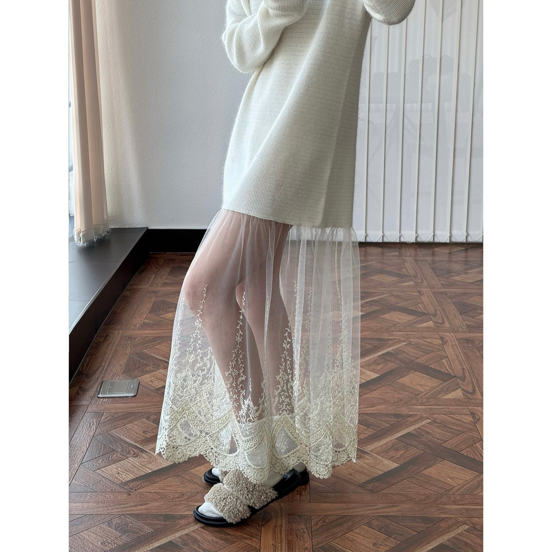 Women's Oversized Knit Dress with Stand Collar and Extended Sleeves Chichicherry