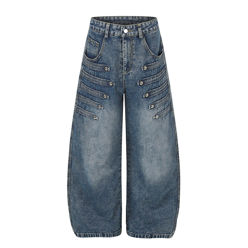 Women's Wide Denim Palazzo Jeans with Decorative Stitching and Decorative Button Details Chichicherry