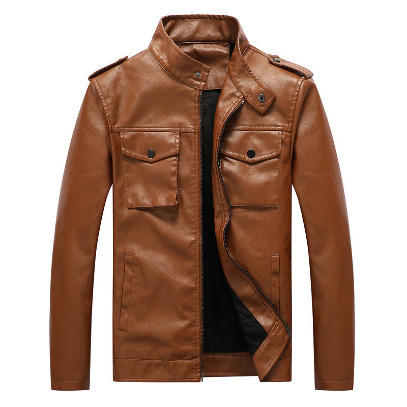 Men's slim artificial leather field blazer with stand-up collar, chest flap pockets, and zipper Chichicherry