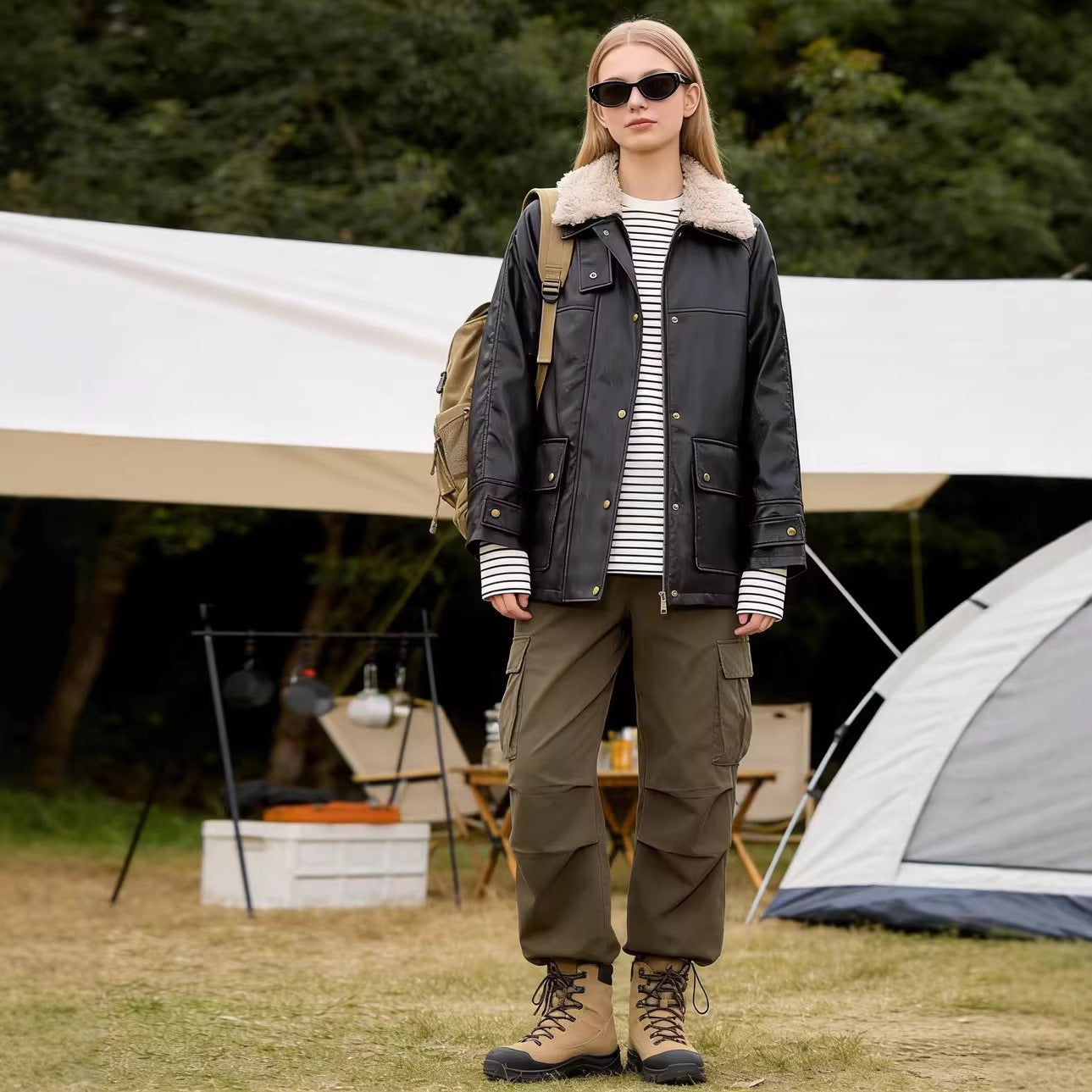 Women's Oversized Faux Leather Field Jacket with Detachable Teddy Collar and Flap Pockets Chichicherry