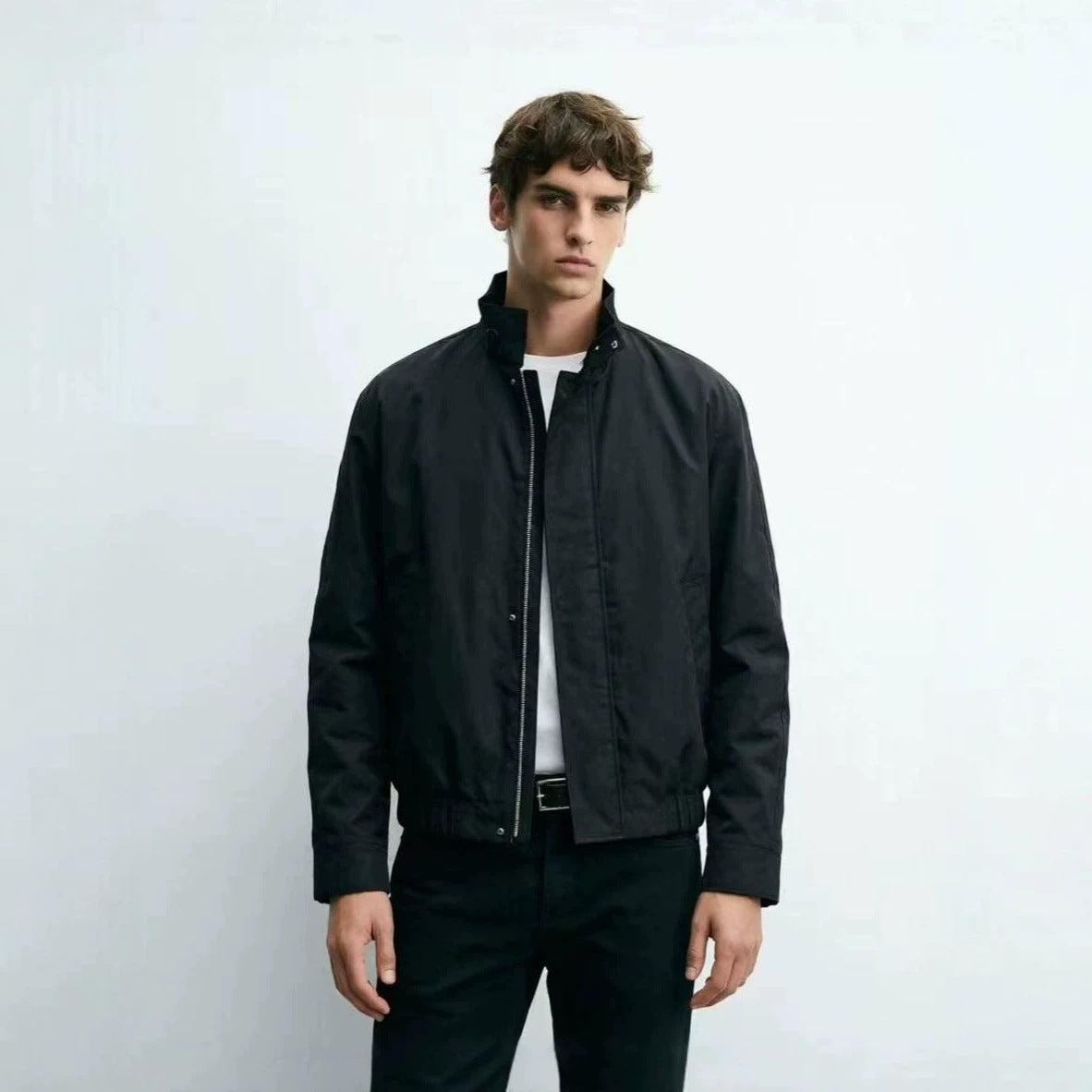 Men's Short Stand Collar Blouson with Hidden Zipper and Elastic Hem Chichicherry
