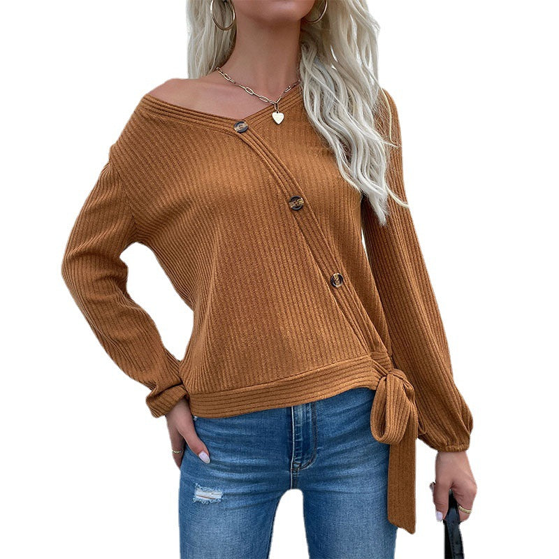 Women's Ribbed Wrap Cardigan with V-Neck, Asymmetrical Button Placket and Waist Tie Chichicherry