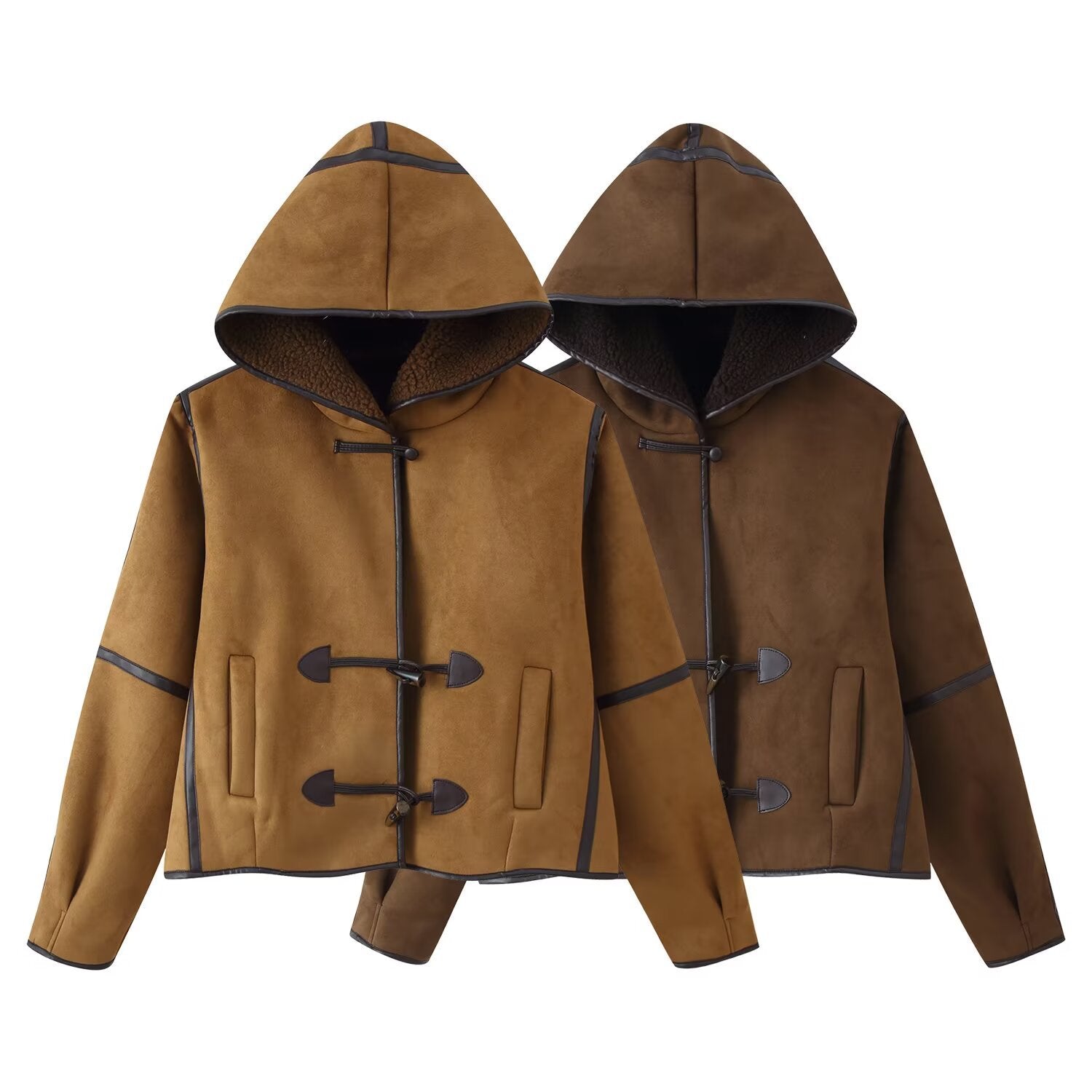 Women's Short Hooded Sheepskin Imitation Duffle Jacket with Toggle Fastenings Chichicherry