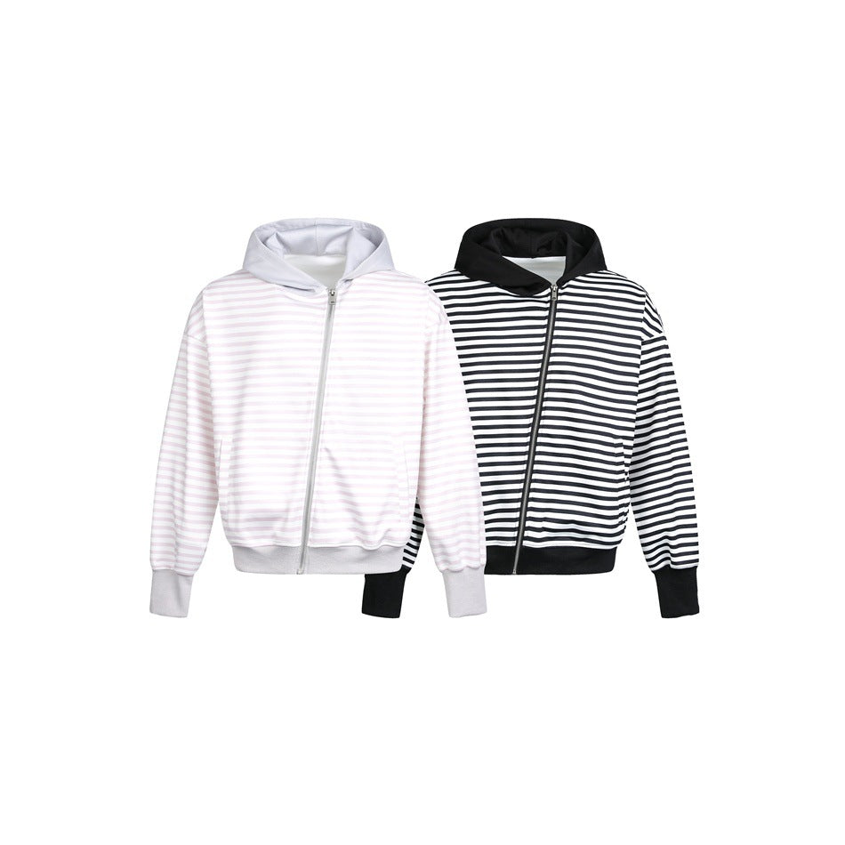 Women's Striped Hooded Zip Jacket in Boxy Cut with Ribbed Cuffs and Concealed Seam Pockets Chichicherry