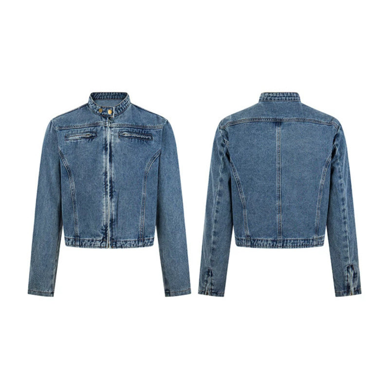 Women's short tailored denim jacket with stand-up collar and hidden zipper Chichicherry