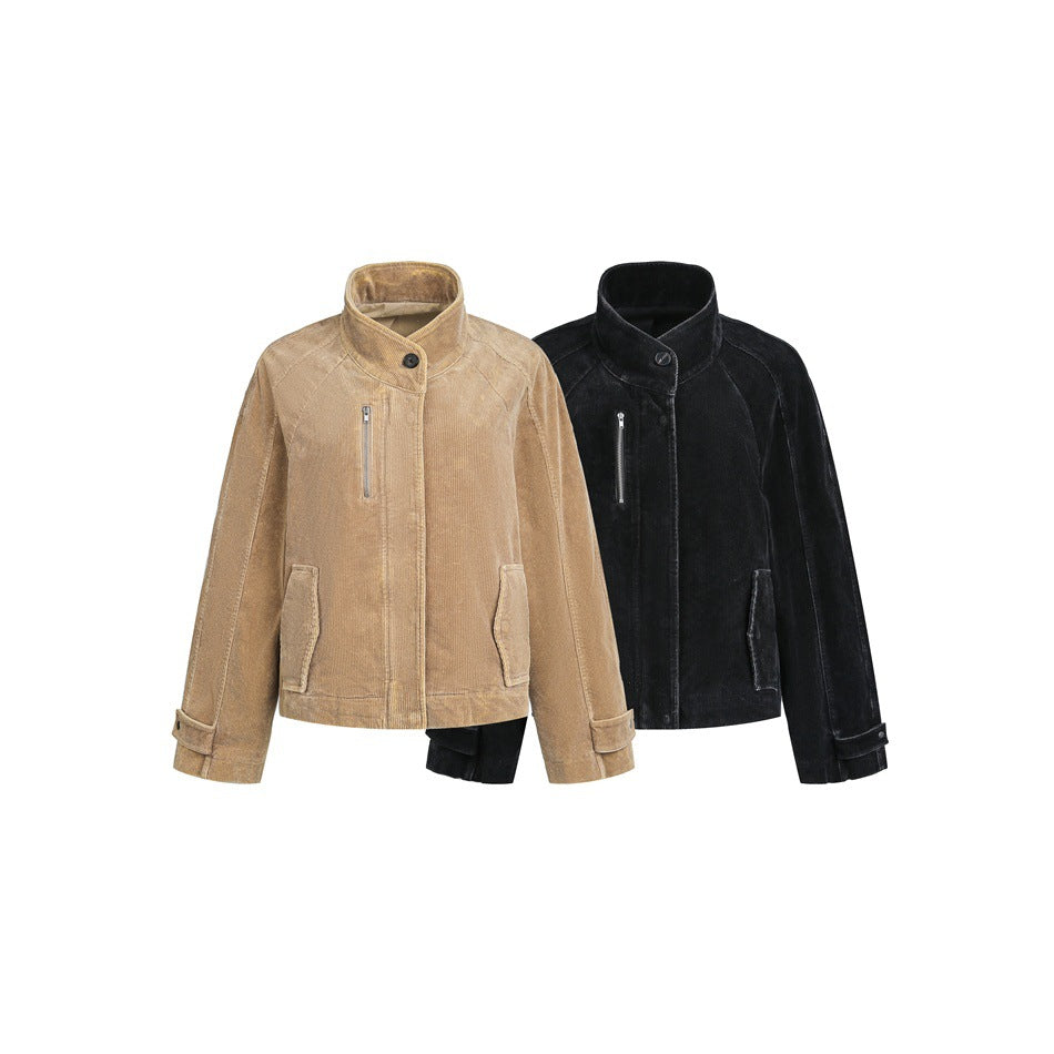 Women's short cord jacket in boxy cut with stand-up collar, zip chest pocket and adjustable cuffs Chichicherry