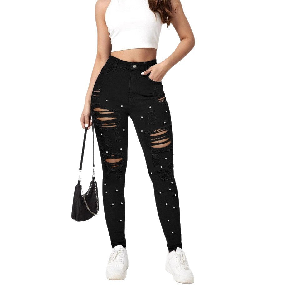 Women High-Waisted Ripped Skinny Jeans with Pearl Decoration and Sculpting Effect Chichicherry