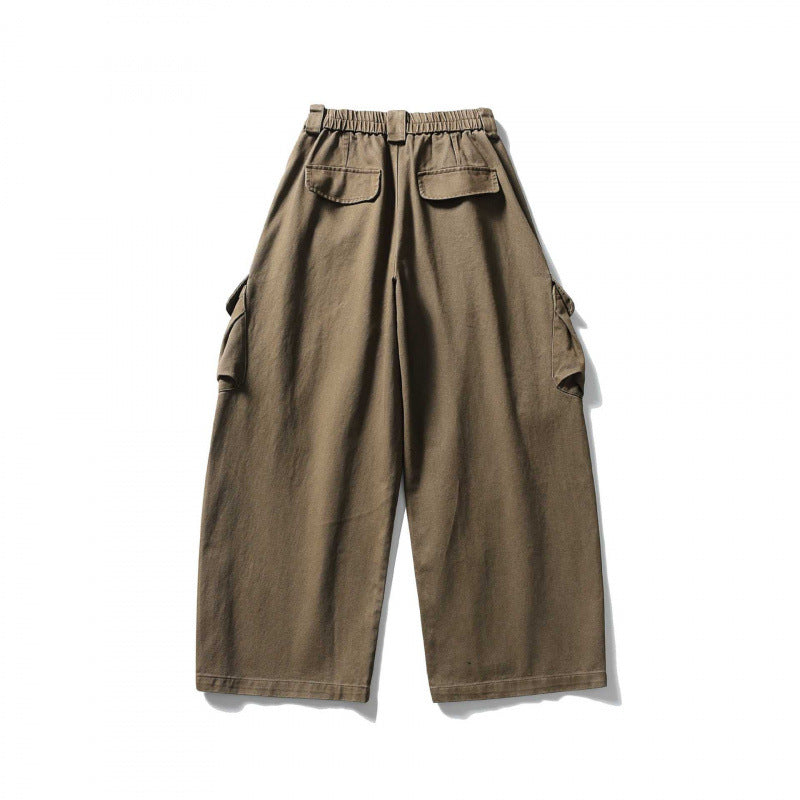 Unisex Wide Cargo Cropped Pants with High Elastic Waistband, Multiple Pockets and Drawstring Chichicherry