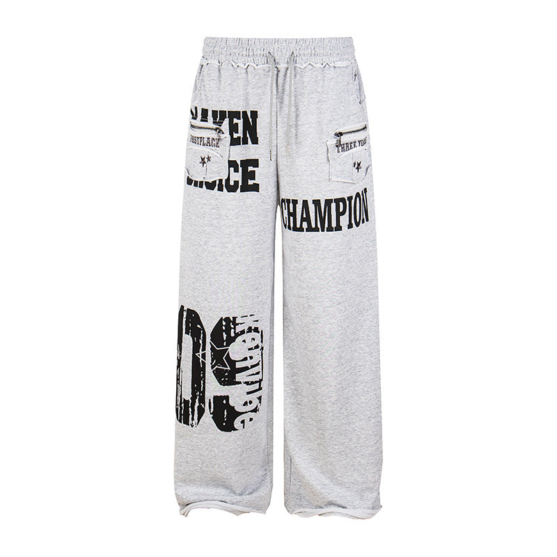 Women's Wide Palazzo Sweatpants with Comfort Waistband, Application Pockets and Typo Print Chichicherry
