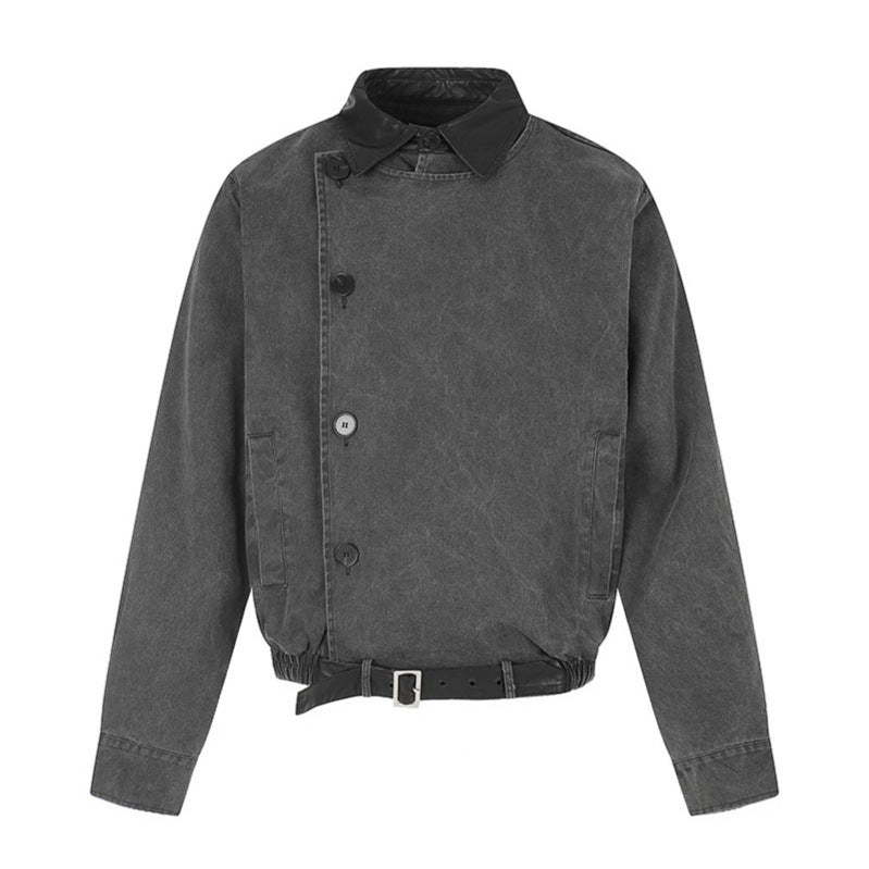 Men's Asymmetrical Canvas Bomber Jacket with Leather Straps and Stand Collar Chichicherry