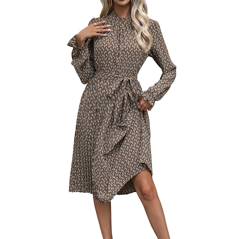 Ladies midi dress with stand collar, tie belt and asymmetric hem Chichicherry