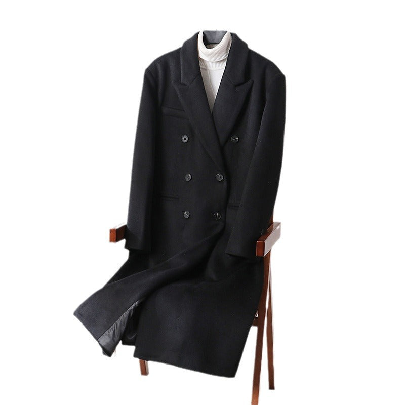 Men's Classic Double-Breasted Long Coat made of Wool Blend with Shawl Collar and Fine Lining Processing Chichicherry
