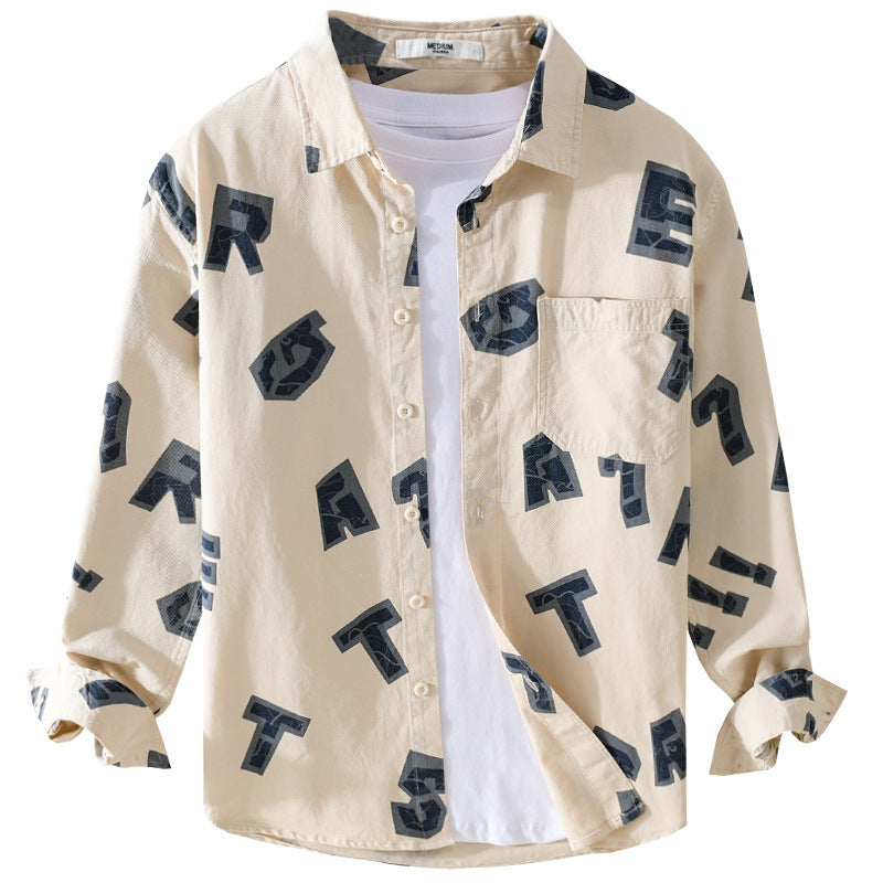 Men's Loose Cotton Shirt with Large Letter Print and Chest Pocket Chichicherry