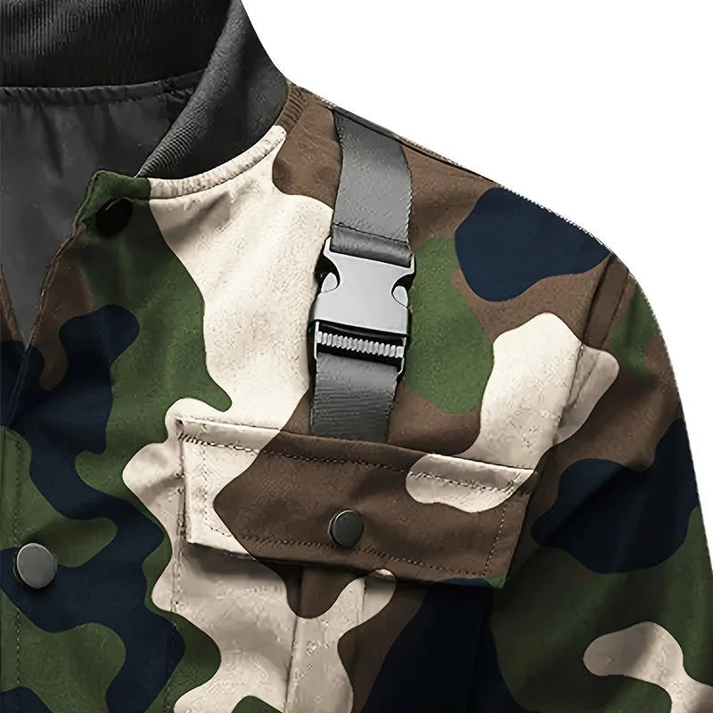 Men's Utility-Style Bomber Jacket with Shoulder Straps, Snap Button Placket & Flap Pockets Chichicherry