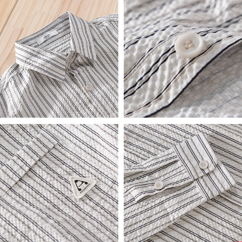 Men's Lightweight Striped Cotton-Linen Layering Overshirt with Kent Collar, Chest Pocket, and Crinkle Texture Chichicherry