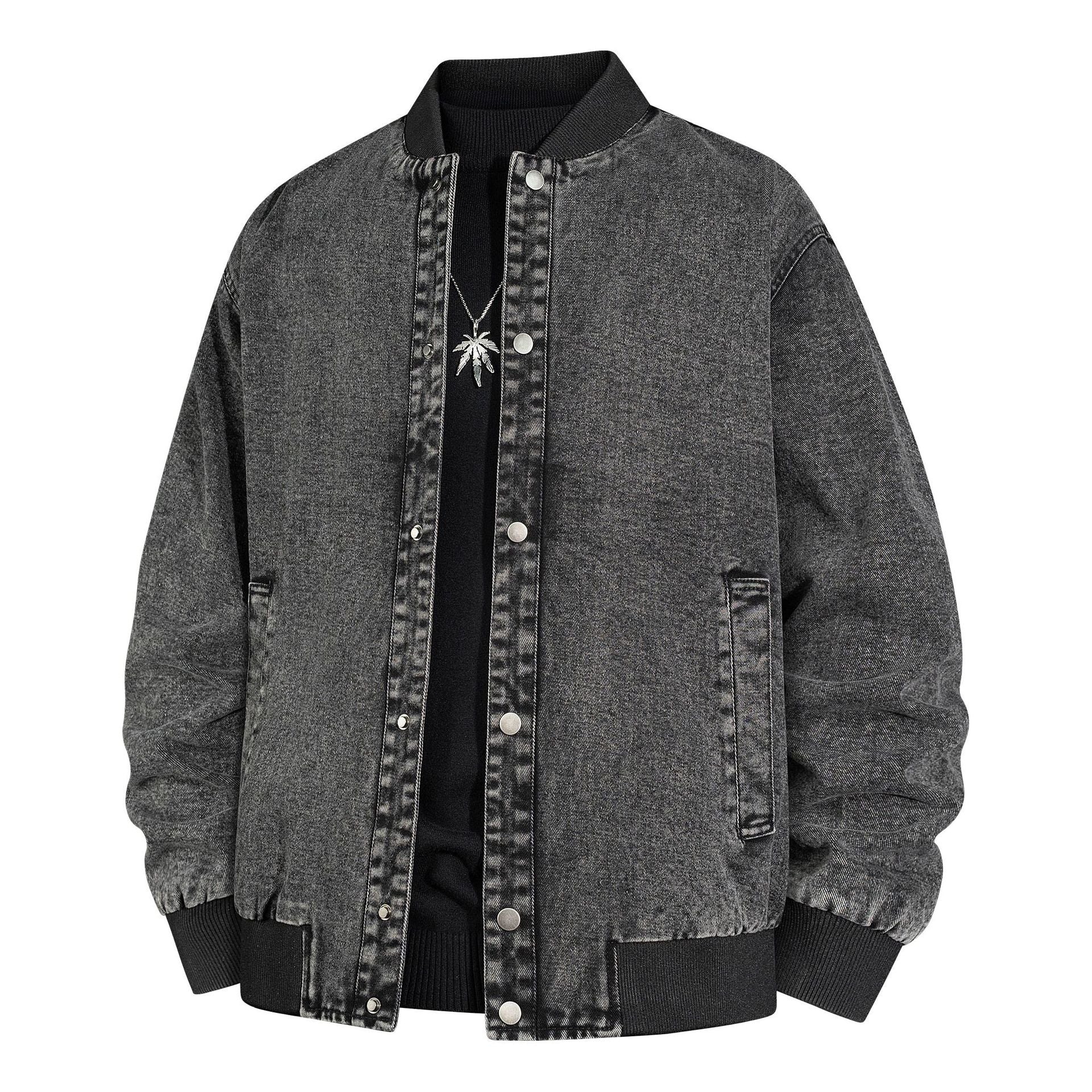 Men's Denim Bomber Jacket with Ribbed Collar and Snap Button Closure Chichicherry
