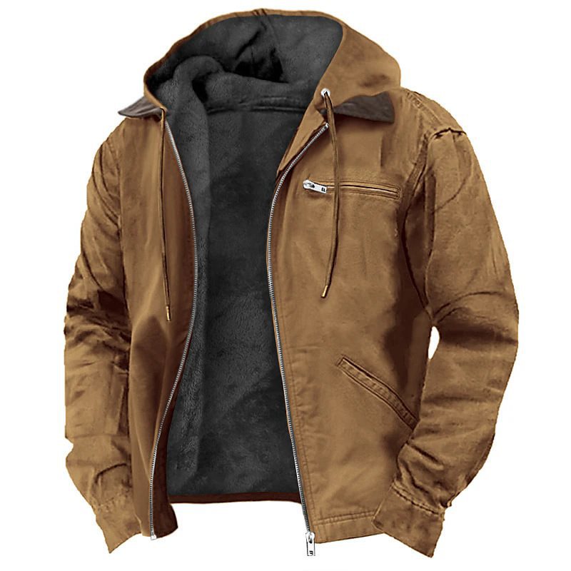Men's Padded Hoodie Jacket with Teddy Lining, Windproof Canvas and Zipper Pockets Chichicherry