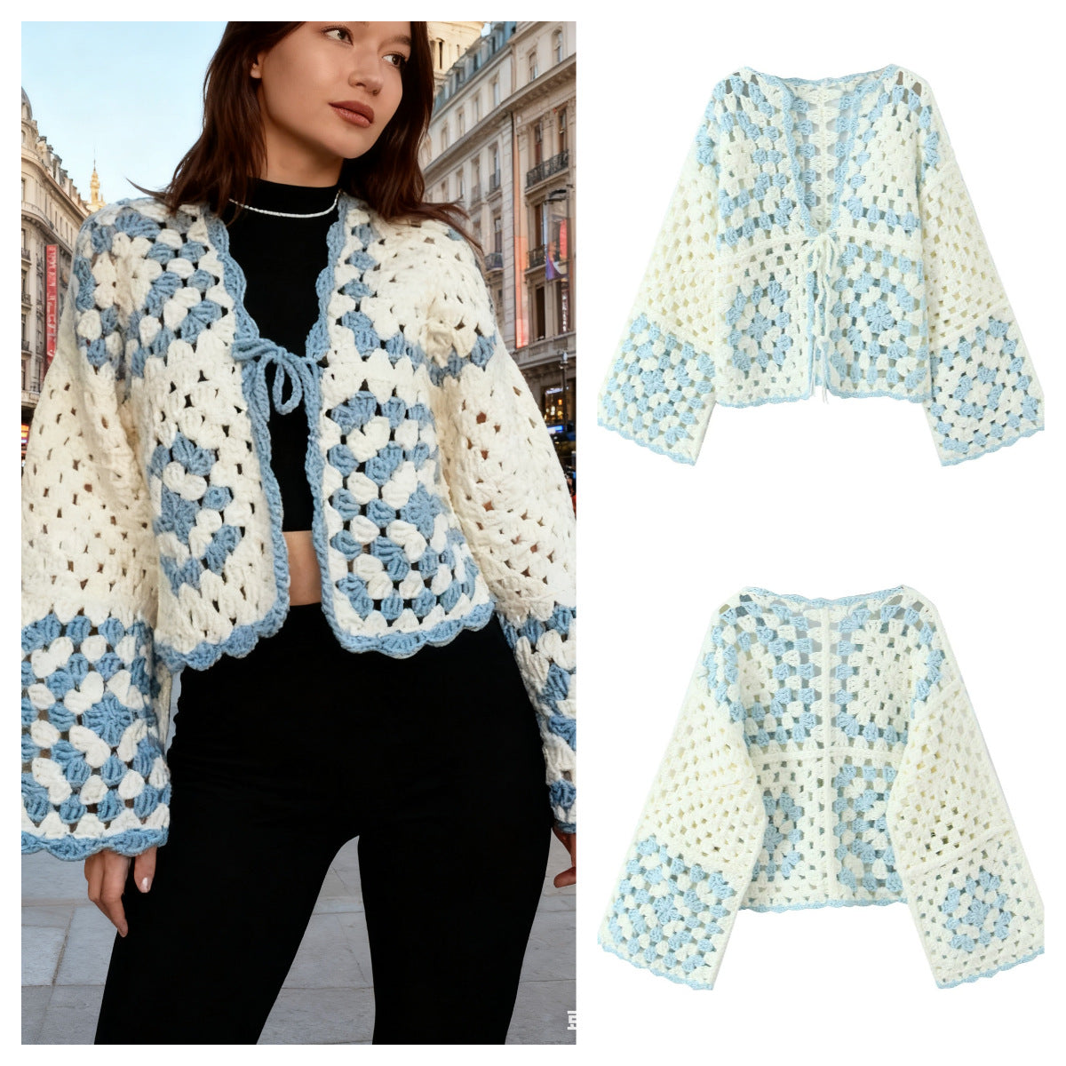 Women Crocheted Granny-Square Cardigan with Wide Sleeves and Ties Chichicherry